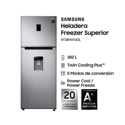 HELADERA SAMSUNG 382L RT38 SILVER C/DISPENSER NO FROST INVERTER
