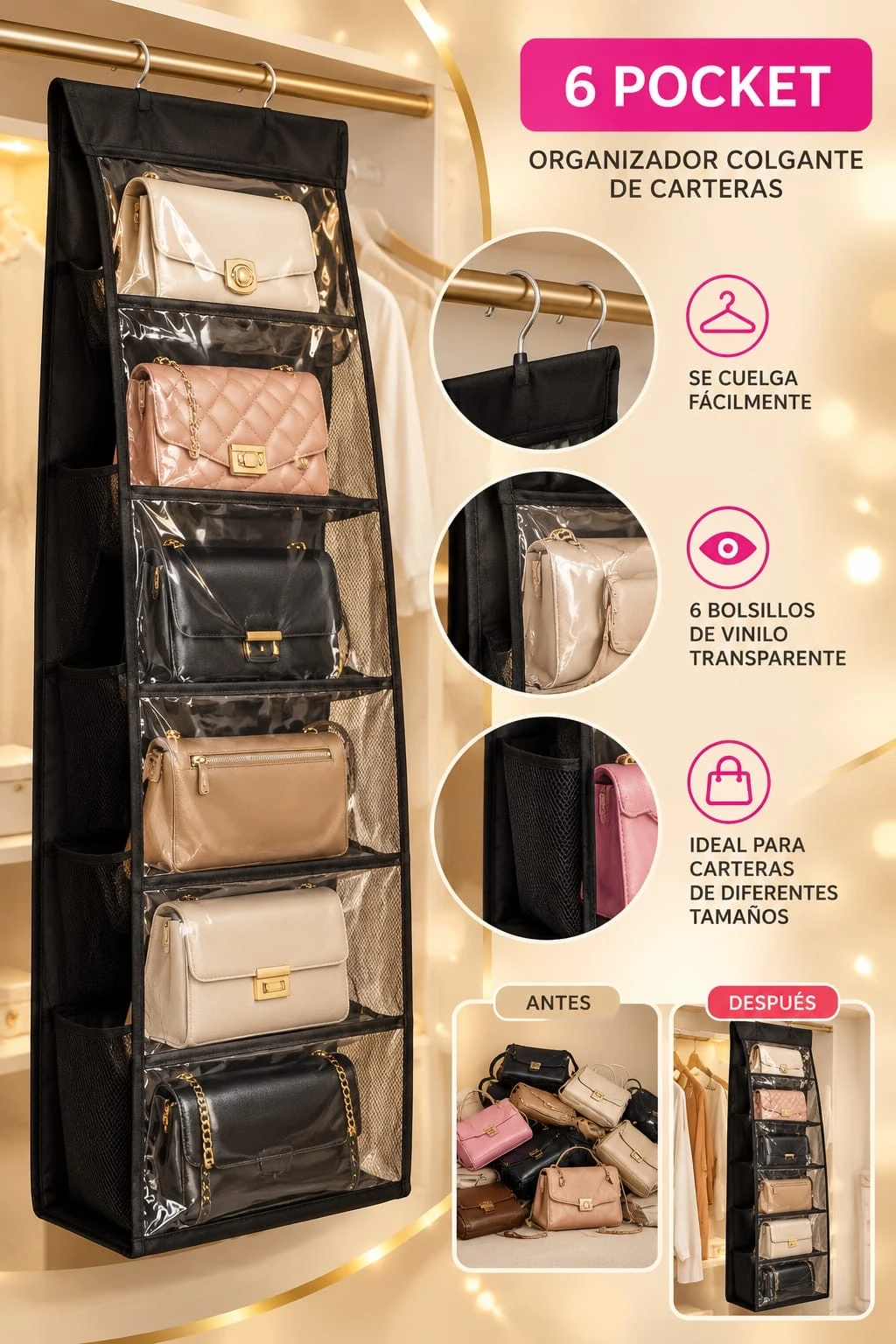 ORGANIZADOR COLGANTE DE CARTERAS – 6 POCKET
