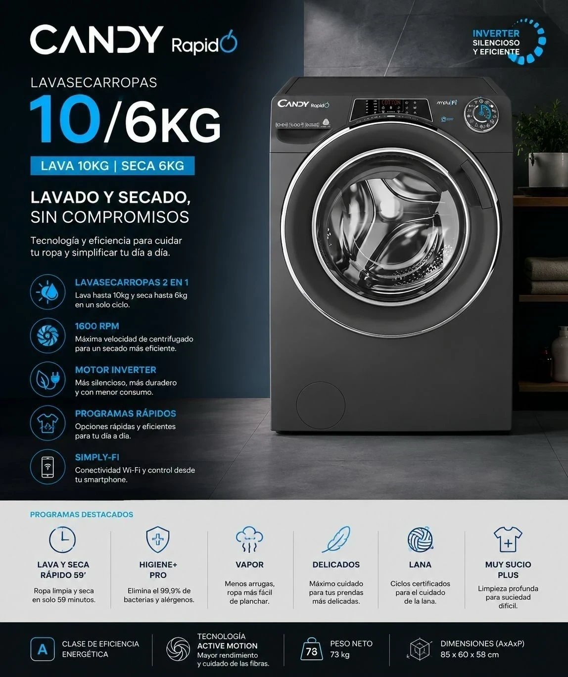 LAVASECARROPAS CANDY 41066DWHCR 10+6kg 1600RPM INVERTER 