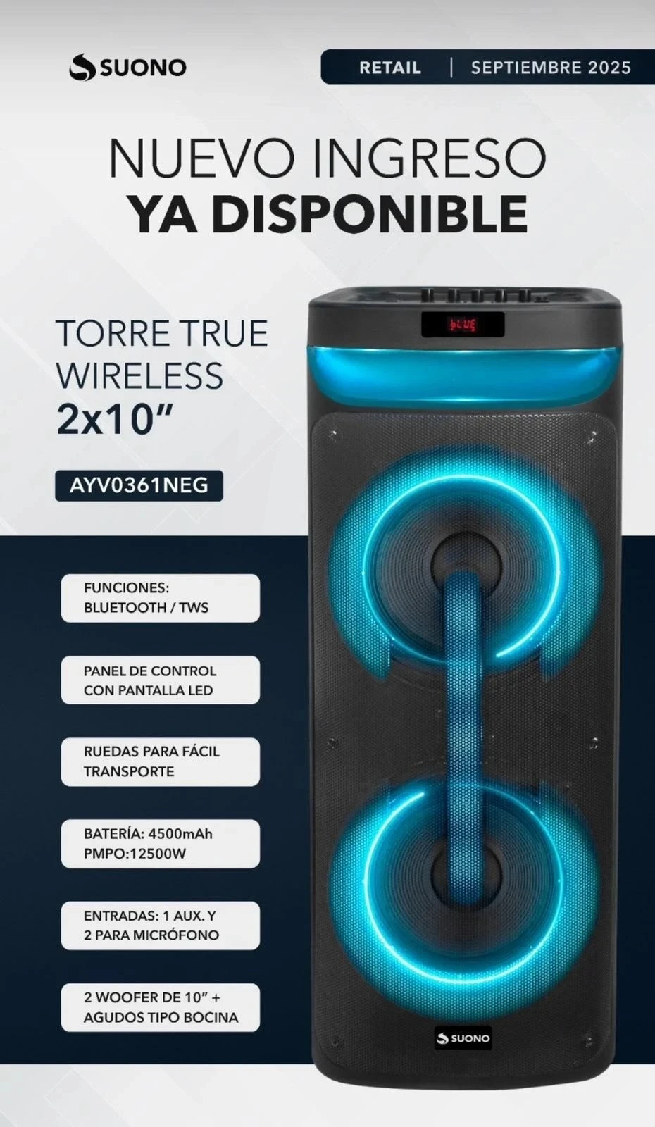 TORRE SUONO línea PRO 12500W 2x10" Ayv0361neg