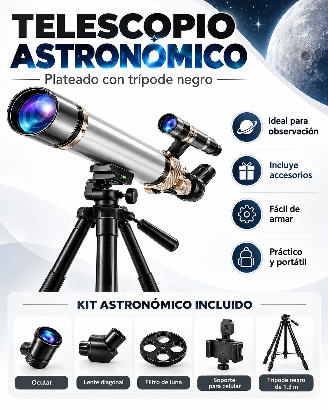 TELESCOPIO ASTRONÓMICO PLATEADO CON TRÍPODE NEGRO** ✨🔭