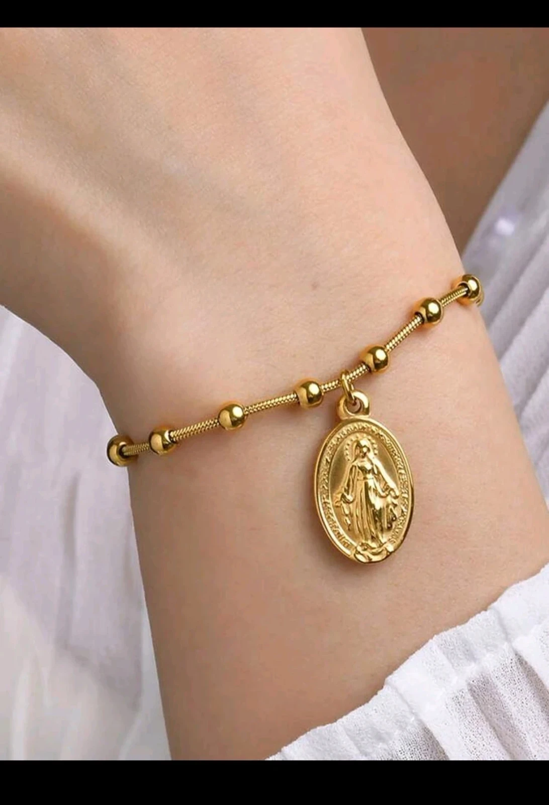 Pulsera de Acero Inoxidable con Baño de Oro - Virgen Maria 3