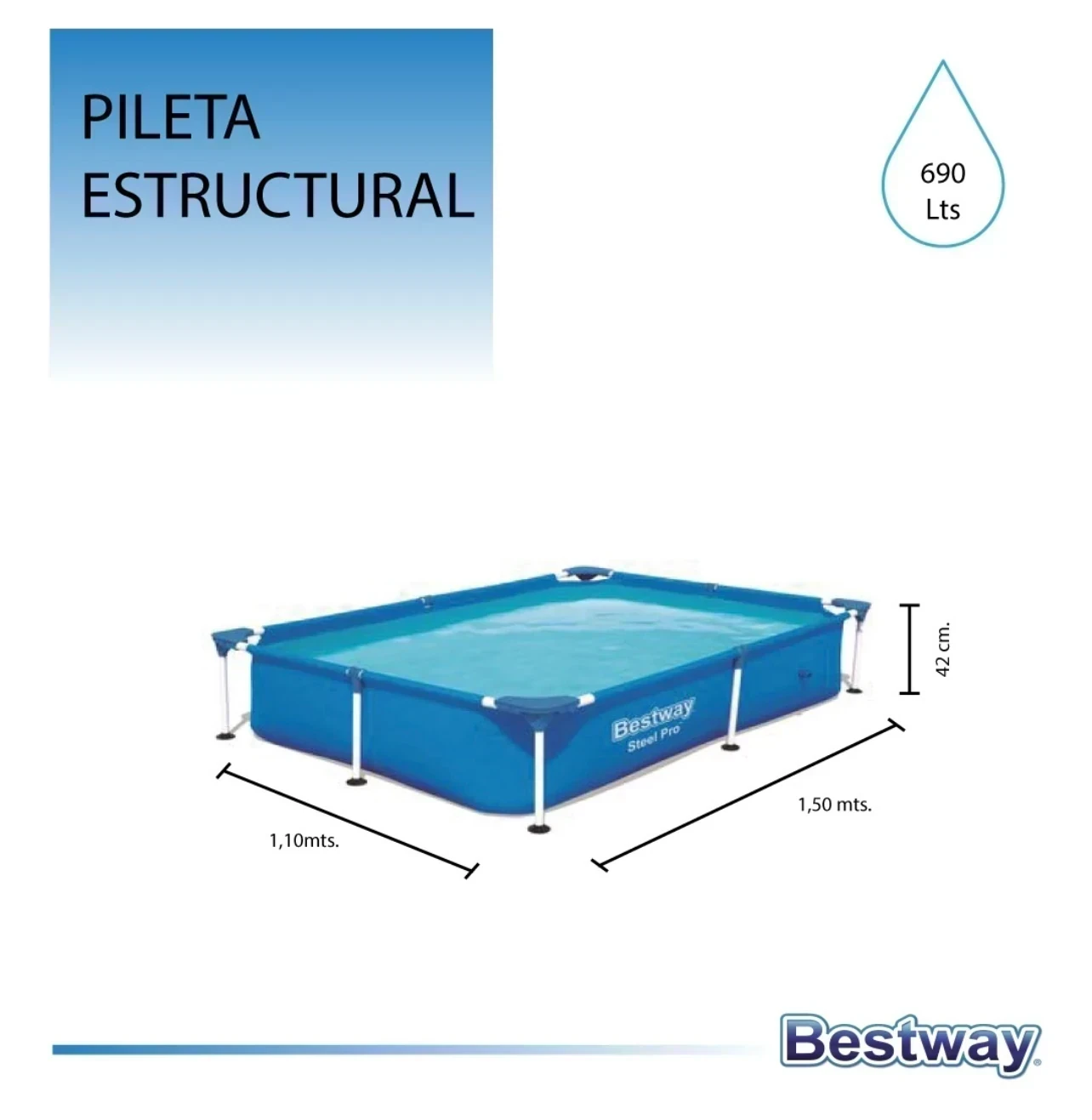PILETA ESTRUCTURAL RECTANGULAR BESTWAY 10472 CON CAPACIDAD DE 500L 1.10x1.50 M 2