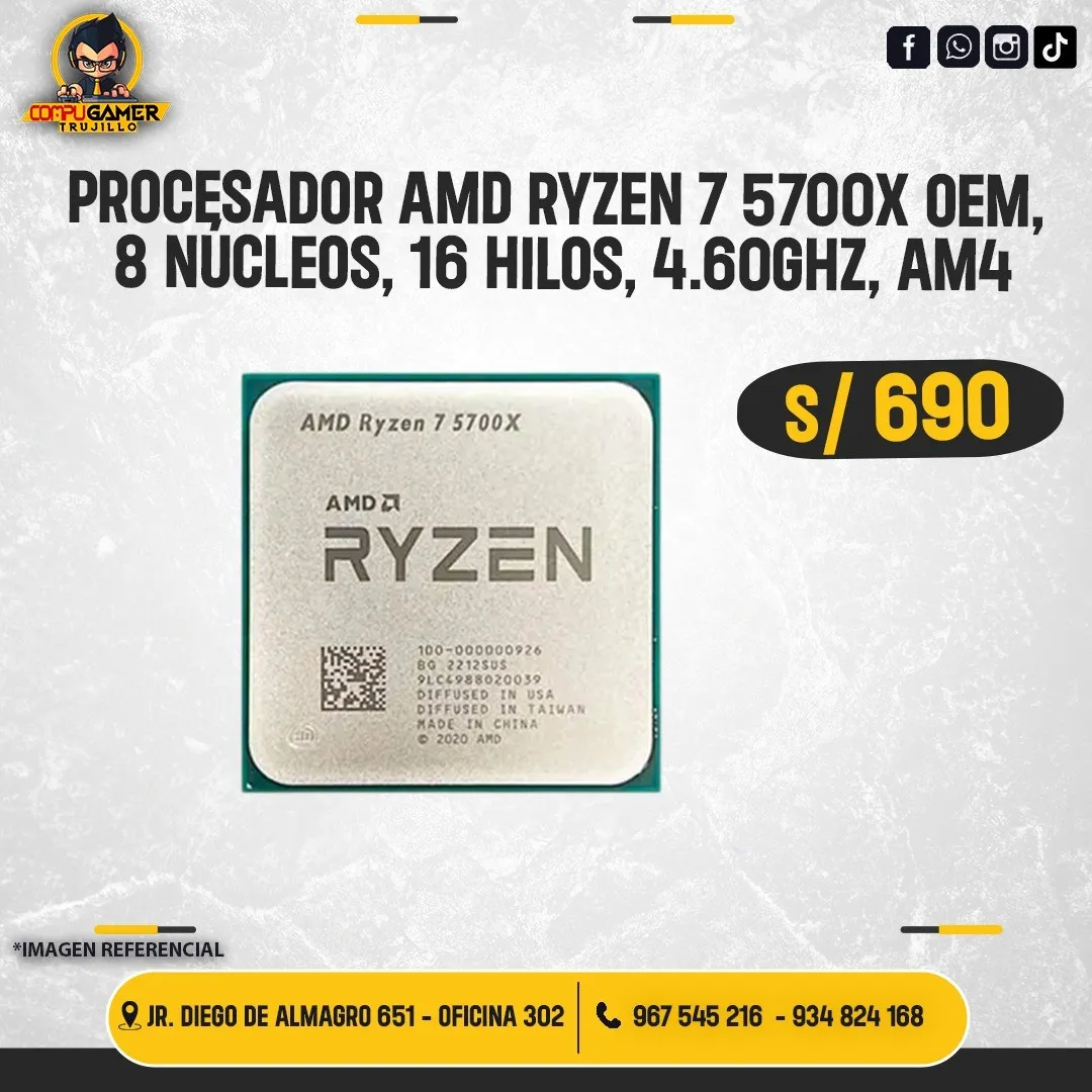 PROCESADOR AMD RYZEN 7 5700X, 8 NÚCLEOS, 16 HILOS, 4.60GHZ, AM4 
