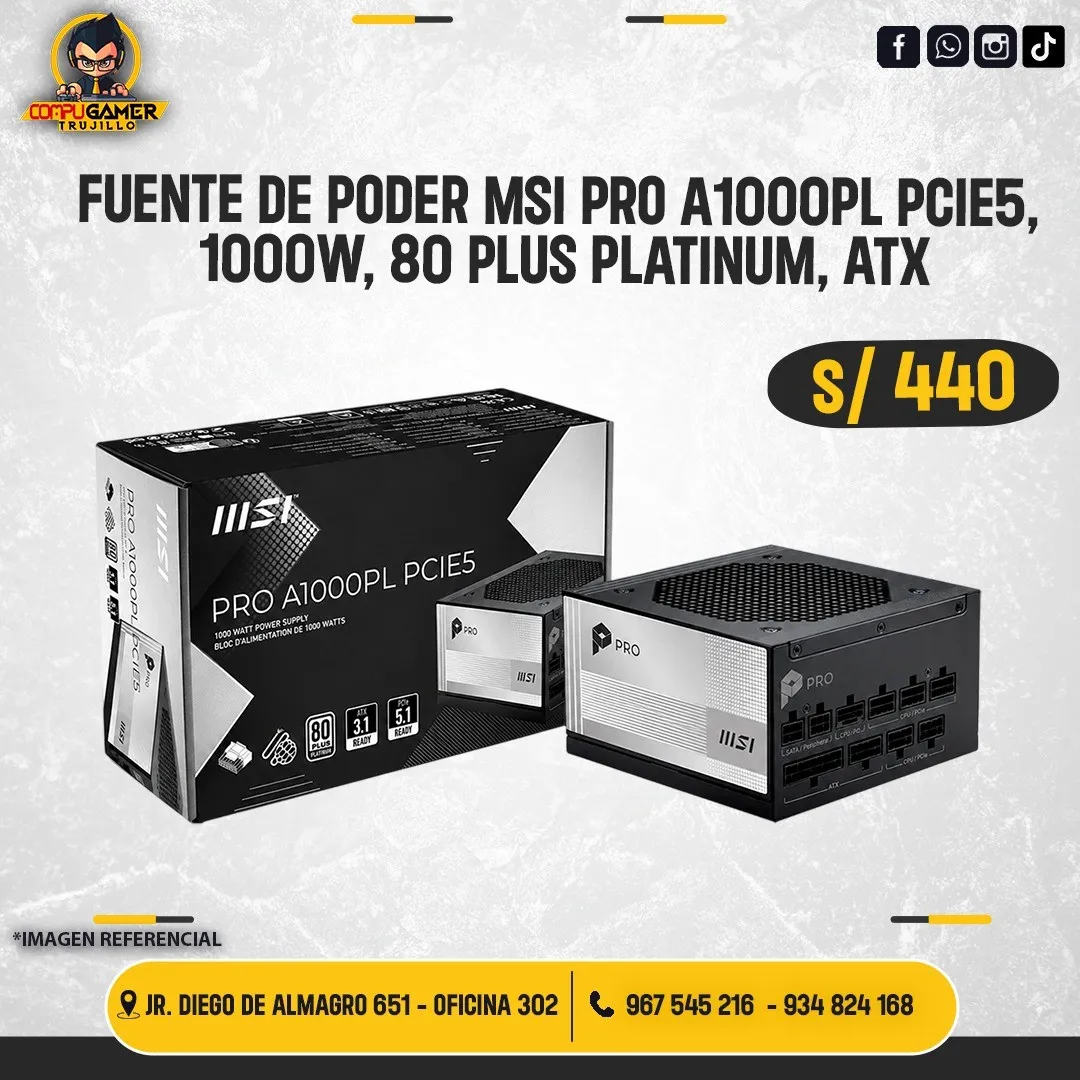 FUENTE DE PODER MSI PRO A1000PL, 1000W, 80 PLUS PLATINIUM 