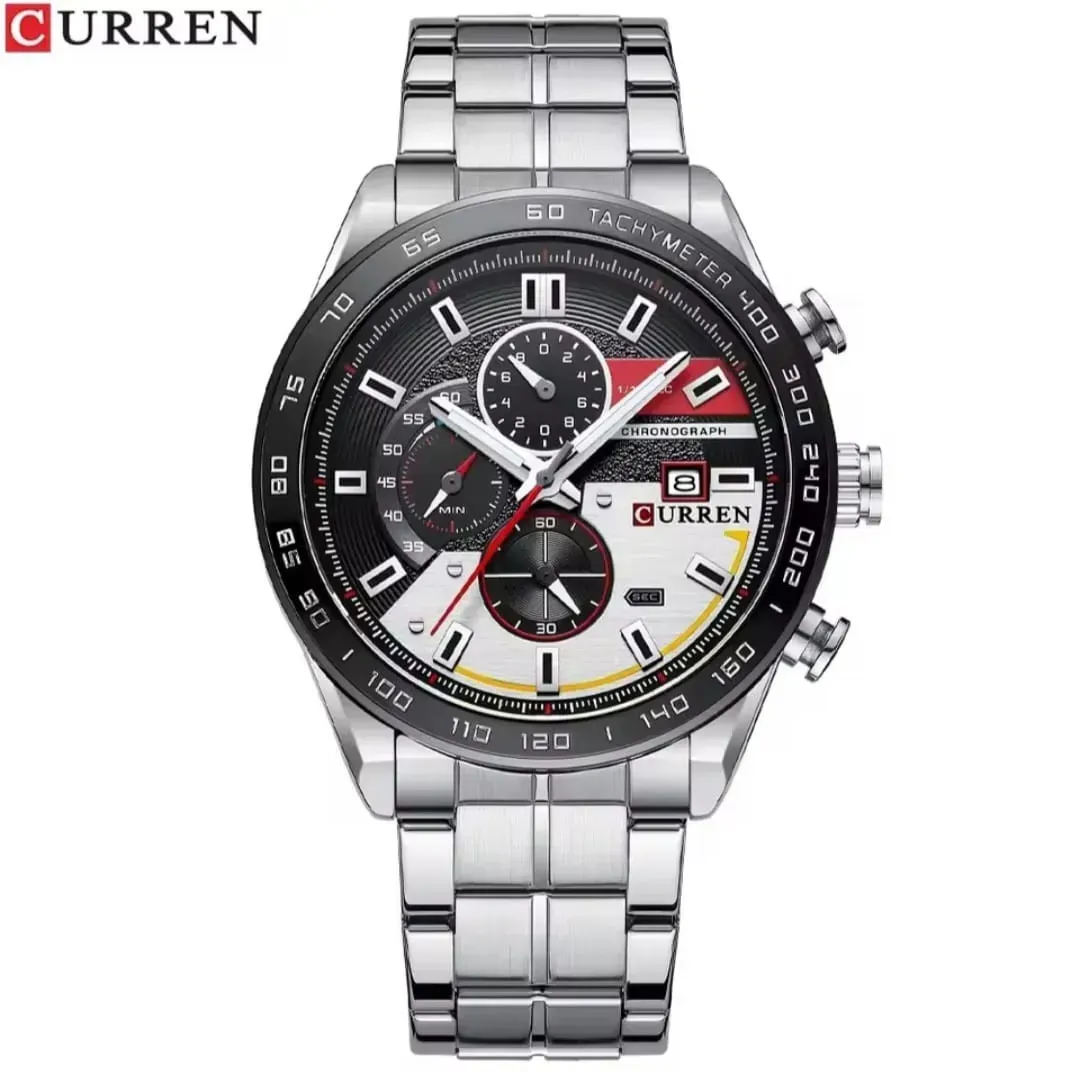 Reloj Curren Original Acero Cronografo 8410 Plateado Fondo Negro Plateado 4