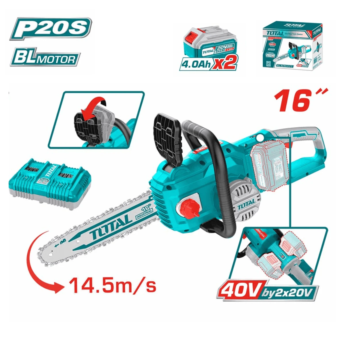 TGSLI401682 Motosierra inalámbrica 16" + 2 baterías 4ah+ cargador total
