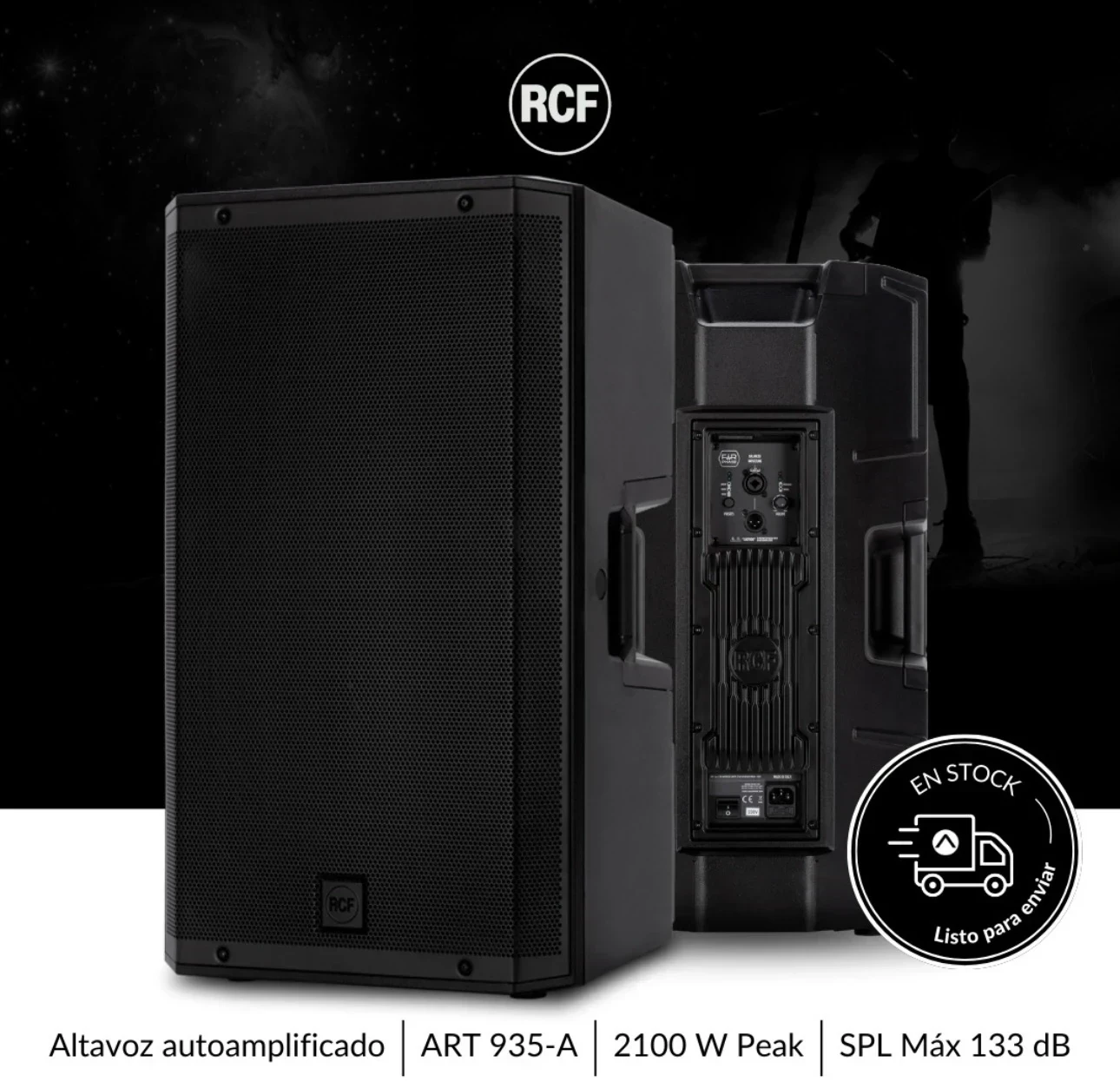 RCF ART935A  CARACTERÍSTICAS  Hasta 133 dB de nivel de presión sonora Bi-amplificación en Clase D de 2100 W Respuesta de frecuencia lineal de 45-20000 Hz Motor de compresión de titanio/neodimio de 3'' Altavoz de bajos de 15'' Tecnología de fase de cero grados FiRPHASE Bass Motion Control gestión de la excursión del altavoz de bajos El ART 935-A está magistralmente diseñado para ofrecer un rendimiento de audio estelar y versatilidad para aplicaciones de audio exigentes. La combinación de un motor de compresión de titanio/neodimio de 3'', un altavoz de bajos de 15'', un amplificador de dos canales de 2100 W y la guía de ondas True Resistive de directividad constante produce una cobertura uniforme de 100° × 60° para la zona de escucha con un sonido sin distorsión de hasta 133 dB SPL. Al combinar el procesamiento DSP FiRPHASE y Bass Motion Control (BMC), perfectamente ajustado para cada modelo, el público experimentará una claridad absoluta y una respuesta de graves profunda y potente. La elegante caja utiliza un material compuesto de polipropileno especial con un refuerzo interno en forma de M, lo que hace que sea fácil de transportar y segura para su instalación en mástil, colgado, en la pared o montada en un truss utilizando los múltiples puntos de anclaje disponibles. La potencia que mueve  El amplificador más potente de su clase. Las mejoras de RCF en el diseño de los transductores los hacen más fuertes y potentes, por lo que el amplificador sigue la evolución. Con sus 2100 W de potencia, el amplificador de dos canales ART 9 de Clase D es un 50% más potente que los modelos anteriores, capaz de gestionar niveles de presión sonora extremadamente altos con un ataque ultrarrápido, una respuesta de transitorios realista y una pérdida de calor muy baja. El ART 9 es muy eficiente desde el punto de vista energético, por lo que no necesita un ventilador de refrigeración: el amplificador está unido a un intercambiador de calor de aluminio macizo en la parte trasera de la unidad, sin piezas móviles. Al estar conectado físicamente con el chasis interno, el amplificador queda firme y sólido dentro de la caja. El circuito de entrada presenta un nuevo diseño de baja distorsión con un limitador de seguridad avanzado, que mantiene el auténtico carácter de la señal de entrada a todos los niveles. Todos los amplificadores ART 9 están diseñados según la normativa EN62368-1 para ofrecer la máxima seguridad y presentan una sección de fuente de alimentación conmutada que une la alta eficiencia con el mínimo peso.