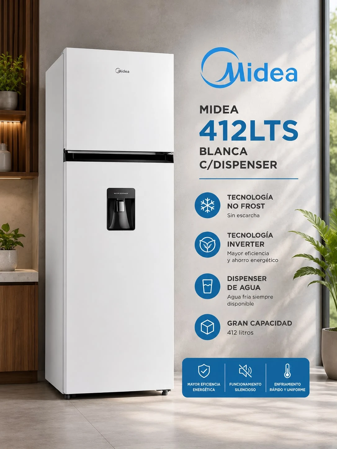 HELADERA NO FROST INVERTER 412LTS MIDEA CON DISPENSER BLANCA ‼️SOLO POR PEDIDOS‼️