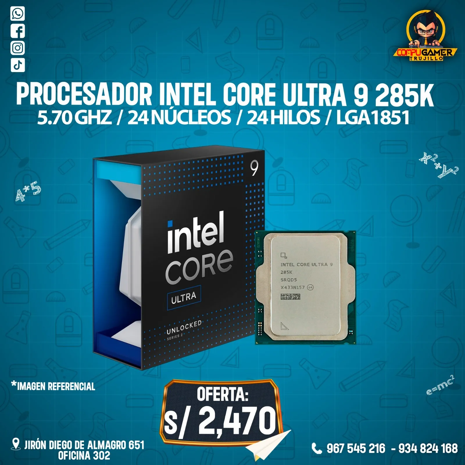 PROCESADOR INTEL CORE ULTRA 9 285K, 5.70GHZ, 24 NÚCLEOS, 16 HILOS, LGA1851 