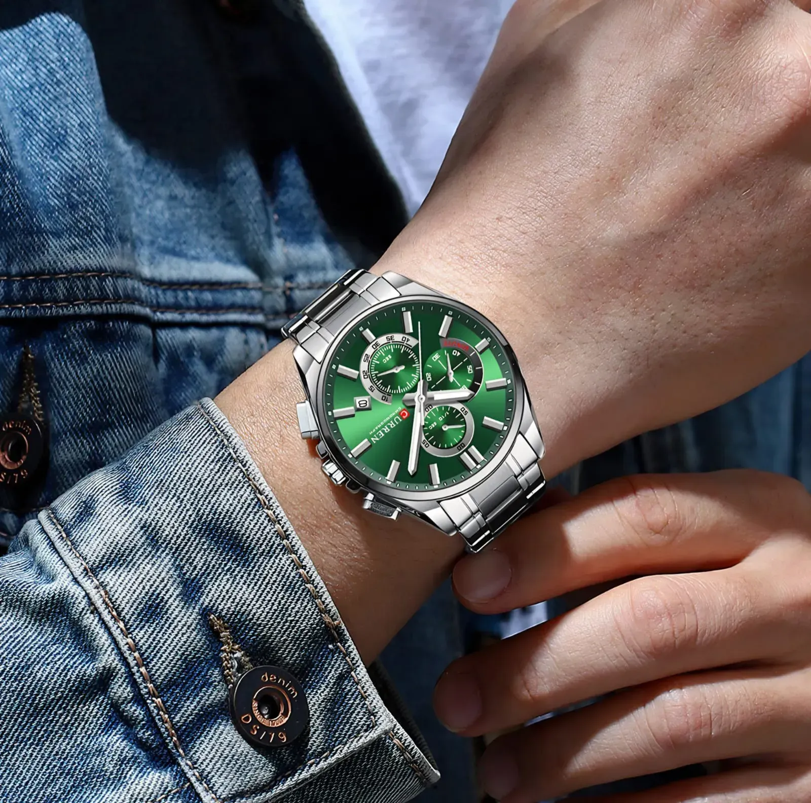 Reloj Curren Original Acero Cronografo 8475 Plateado Fondo Verde 3