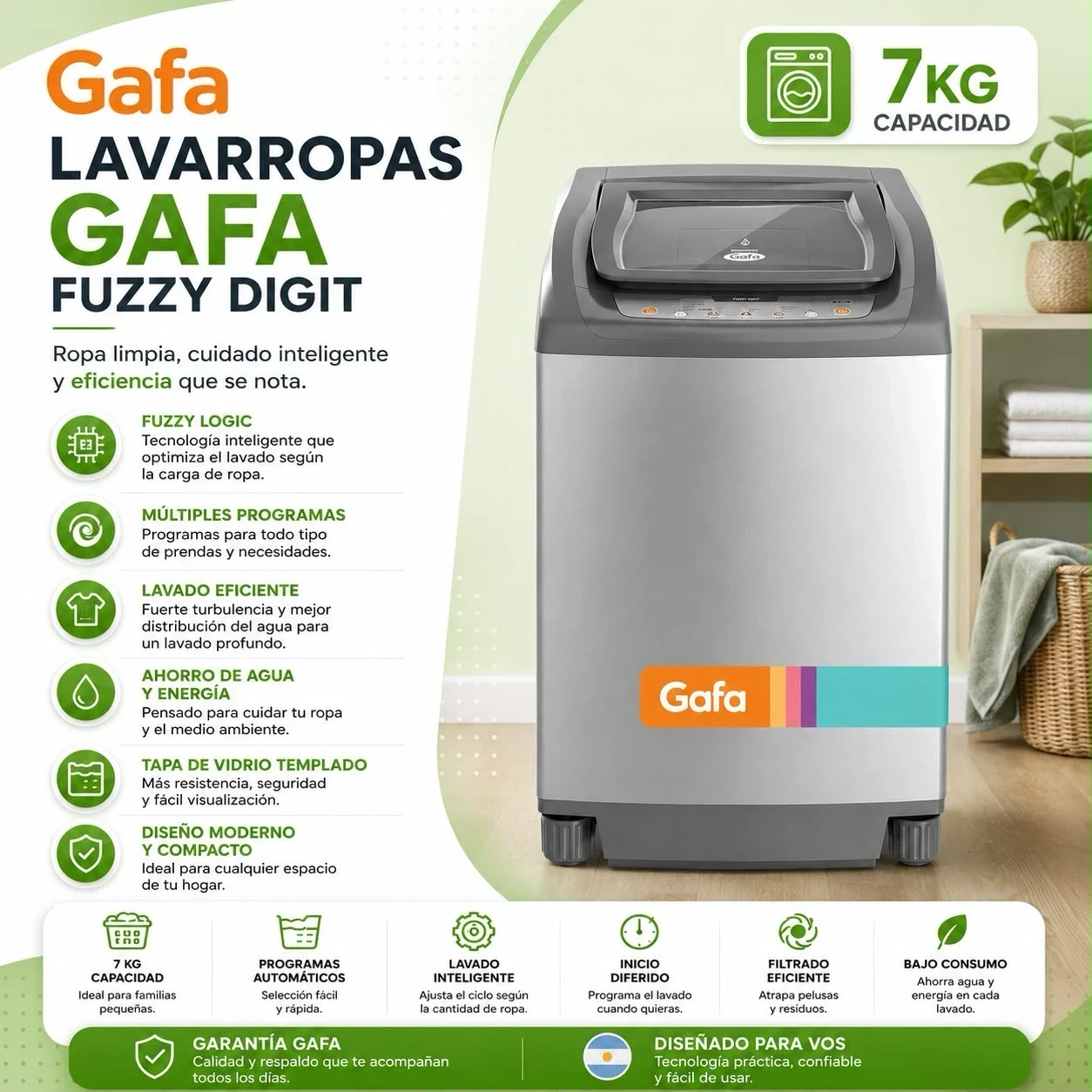 Lavarropas Gafa fuzzy digit 7kg carga superior