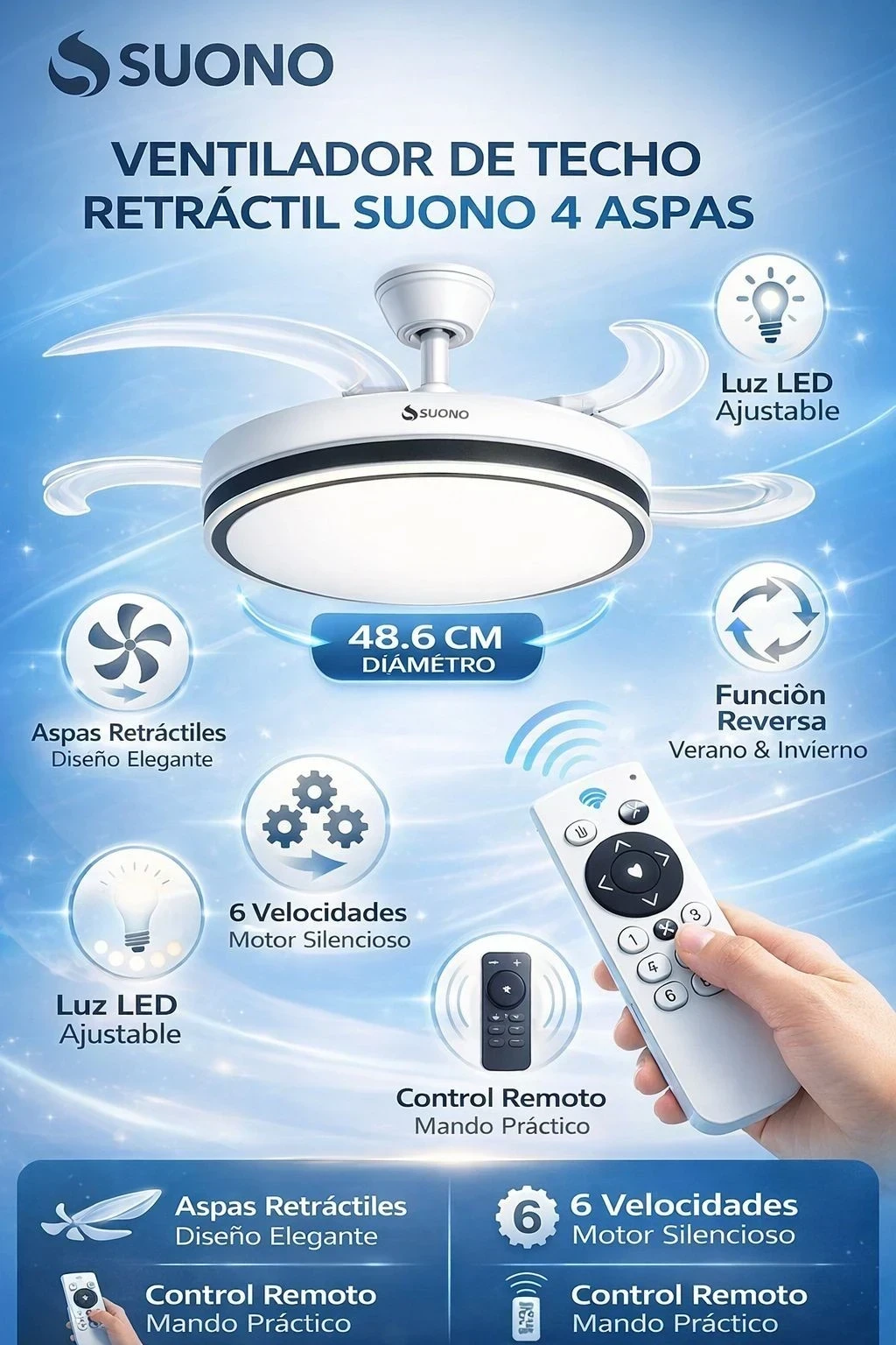 VENTILADOR DE TECHO SUONO 4 ASPAS RETRACTIL*