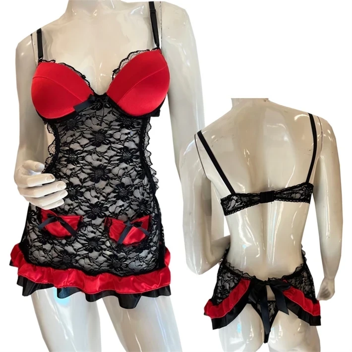 Vestido delantal de encaje con saten y puntilla Rojo y negro