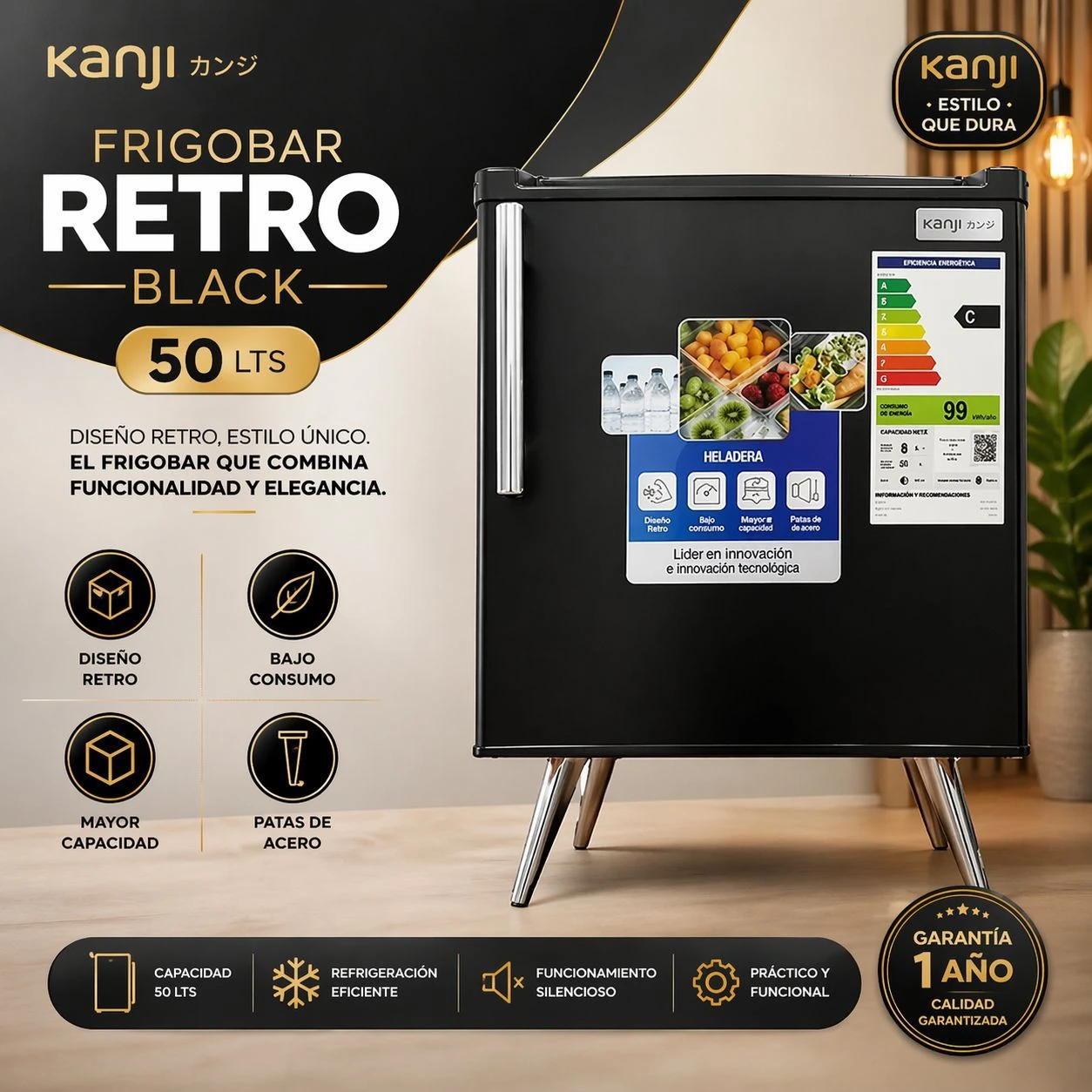 HELADERA FRIGOBAR KANJI RETRO  50 LTS NEGRA/GRIS 2