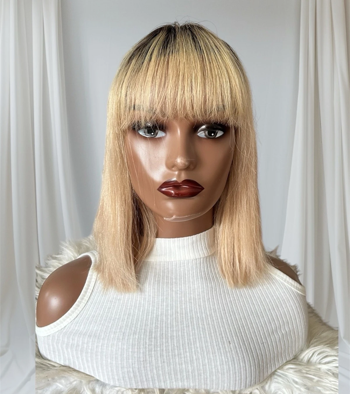 Peluca de cabello humano con flequillo , 12 pulgadas, frontal lace 13x5, 180% de densidad  2