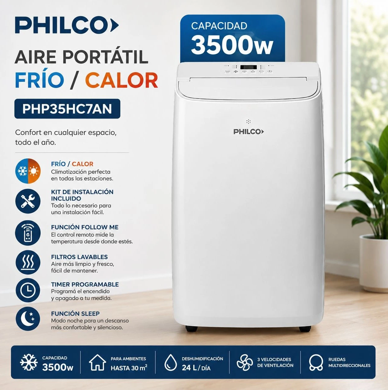 AIRE ACONDICIONADO PORTATIL PHILCO 3500W ON/OFF*