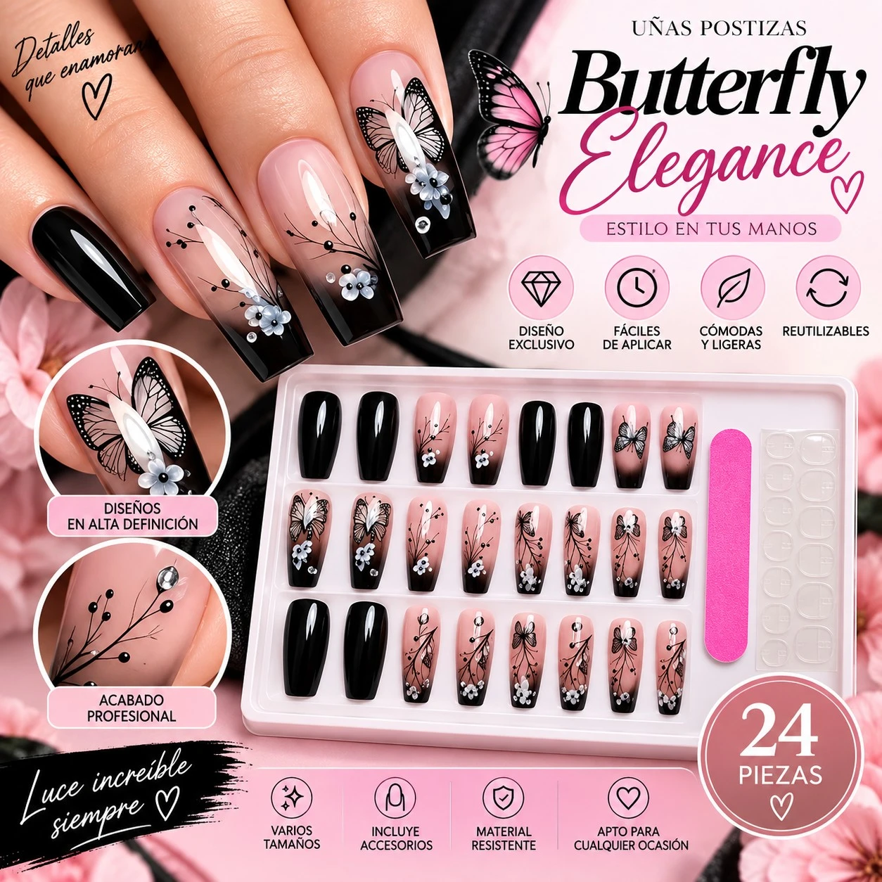lumera caja de uñas press butterfly elegance