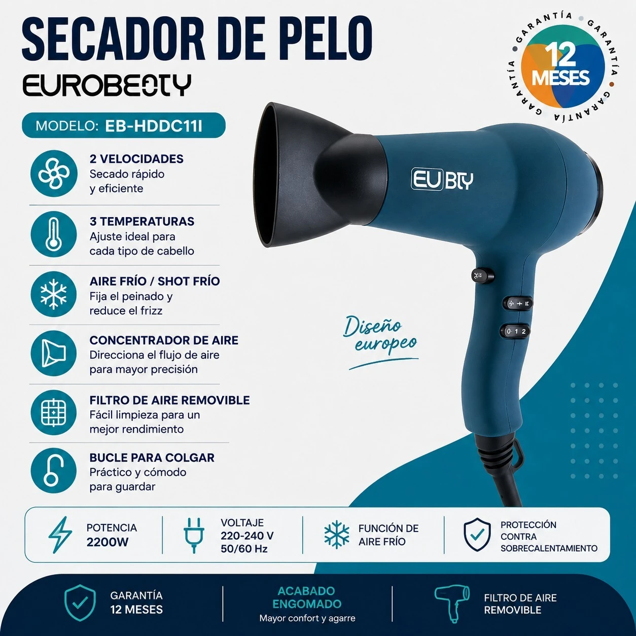 SECADOR DE PELO EUROBEAUTY 2200W - HDDC11I