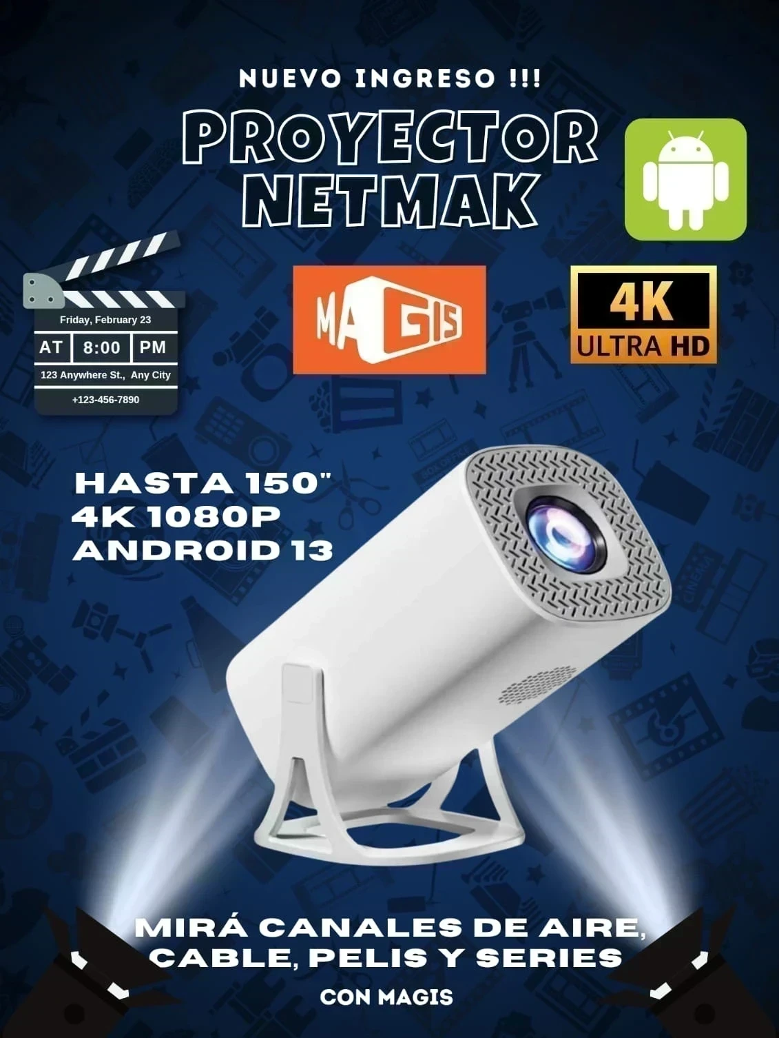PROYECTOR NETMAK C/ANDROID Y MAGIS INSTALADO HASTA 150"