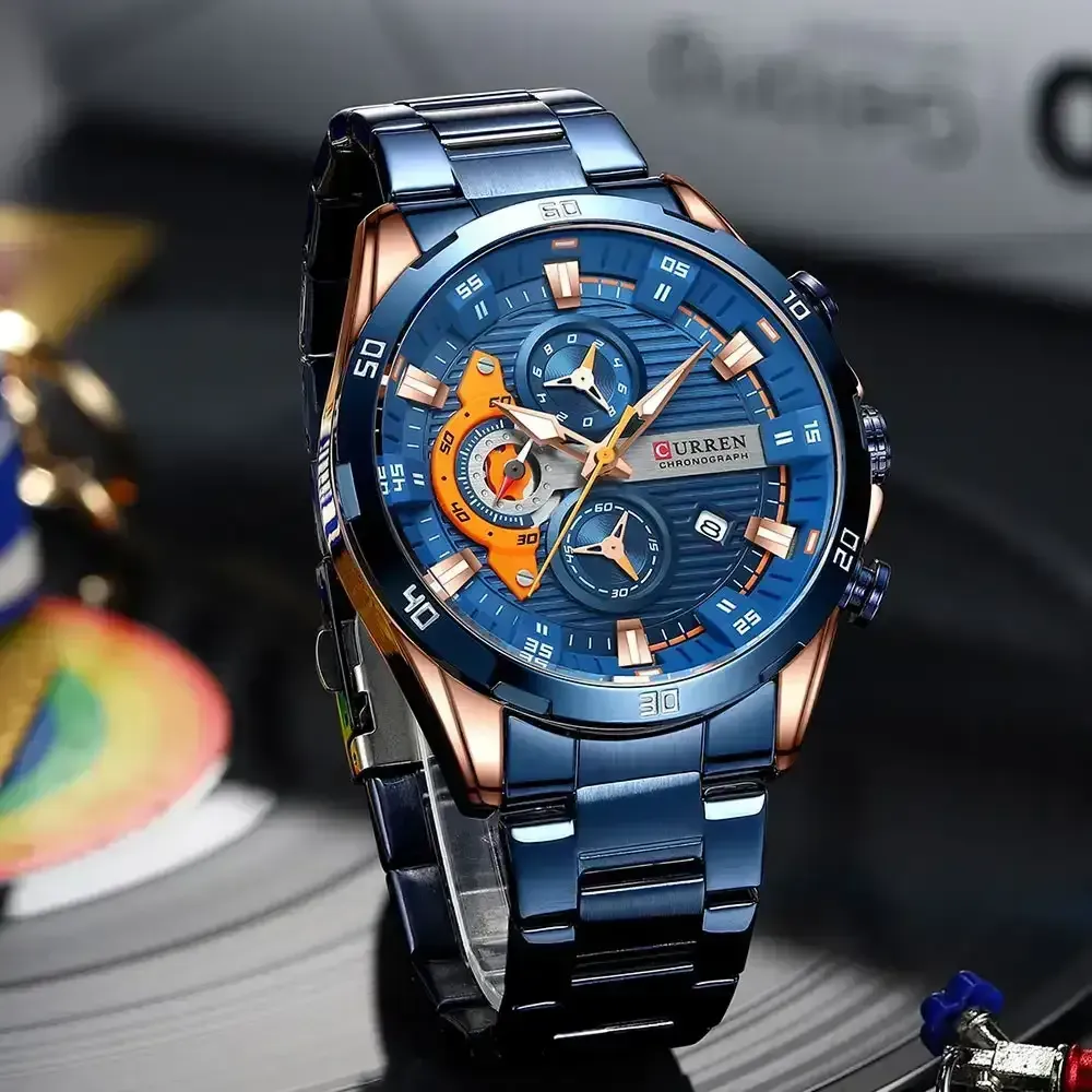 Reloj Curren Original Acero Cronografo 8402 Azul Cobrizo Fondo Azul Detalles Naranjas 4