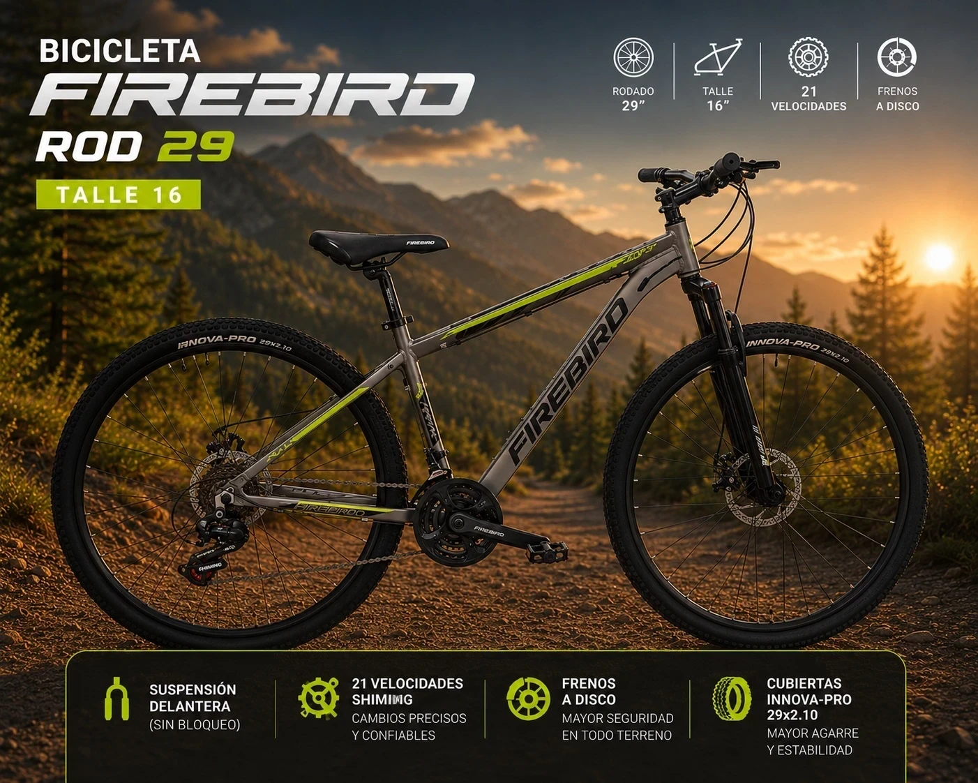BICICLETA FIREBIRD ROD 29 TALLE 16 GRIS/FLUO
