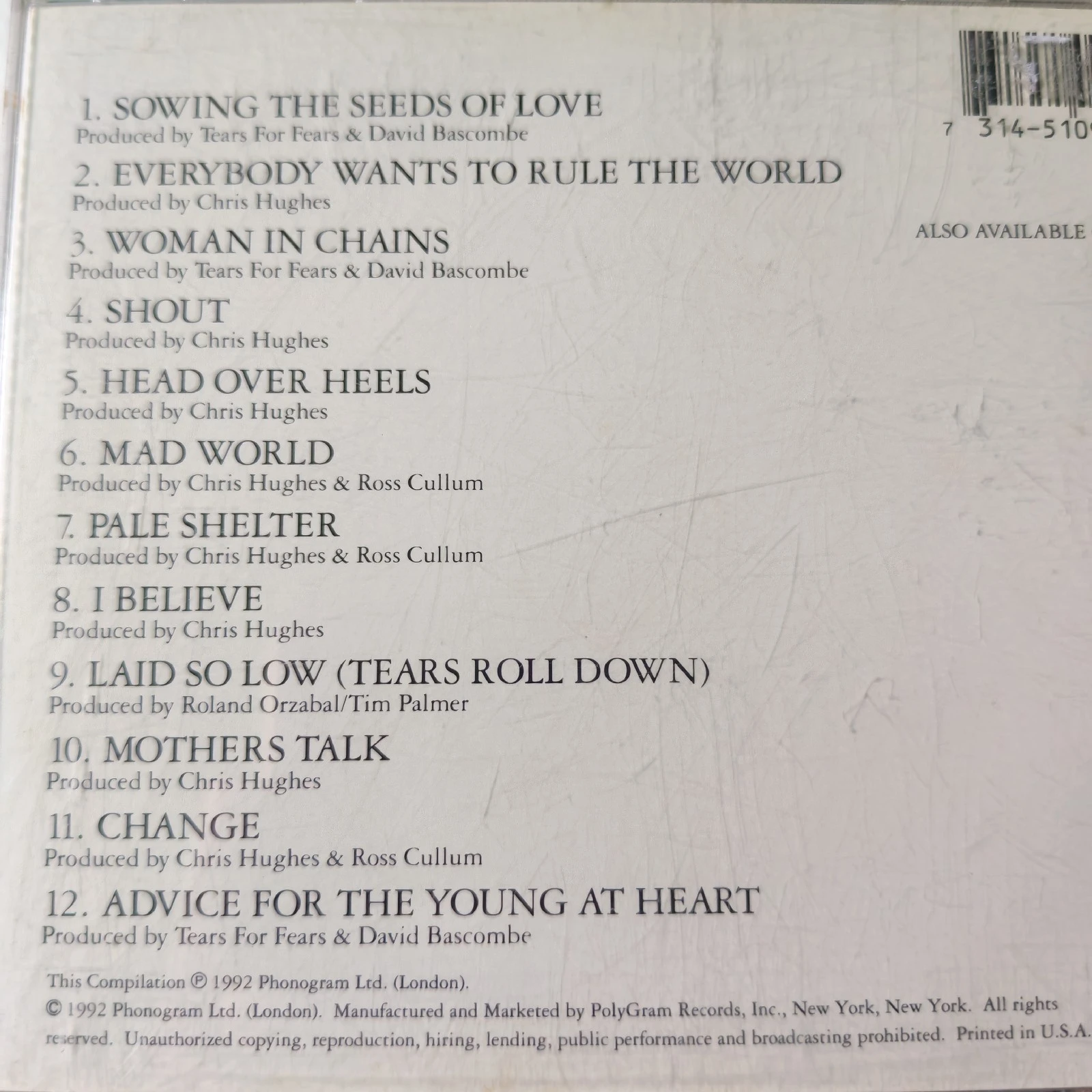 CD Tears for Fears Tears Roll Down Usado 2
