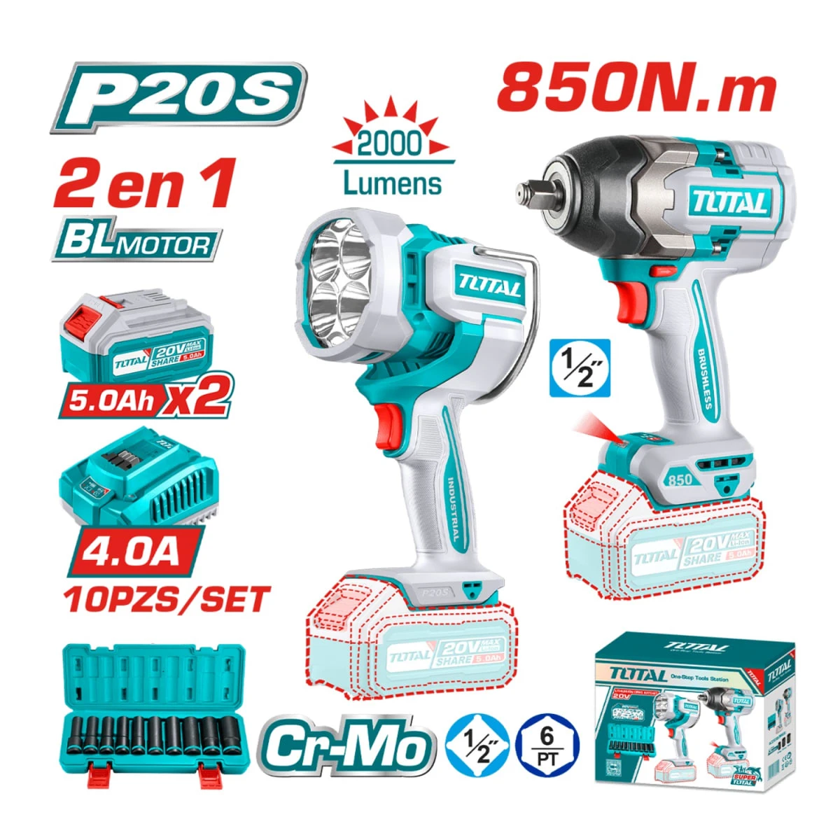 Combo llave de impacto 850nm + linterna total SKU: TOSLI241181