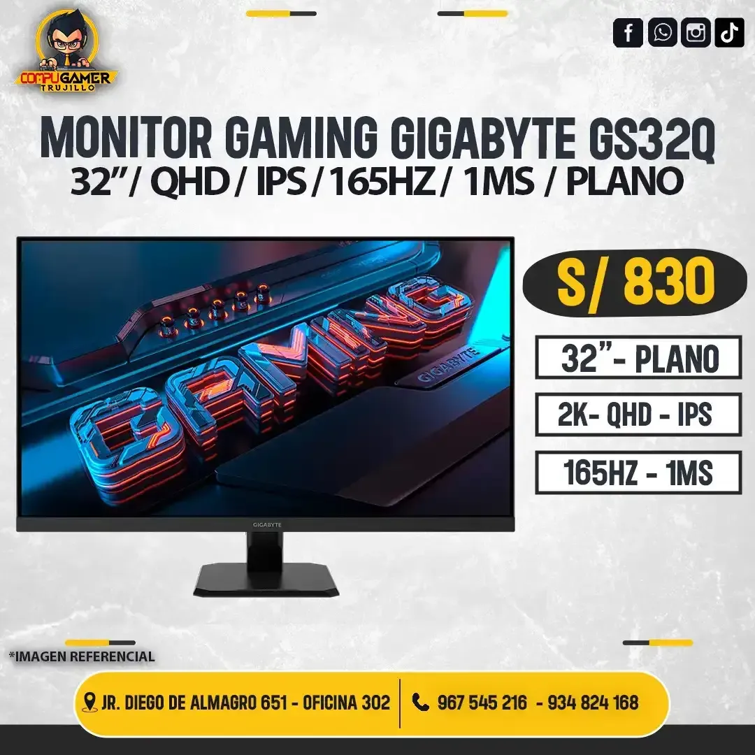 MONITOR GAMING GIGABYTE GS32Q, 32", QHD, IPS, 2K, 165HZ, 1MS, PLANO 
