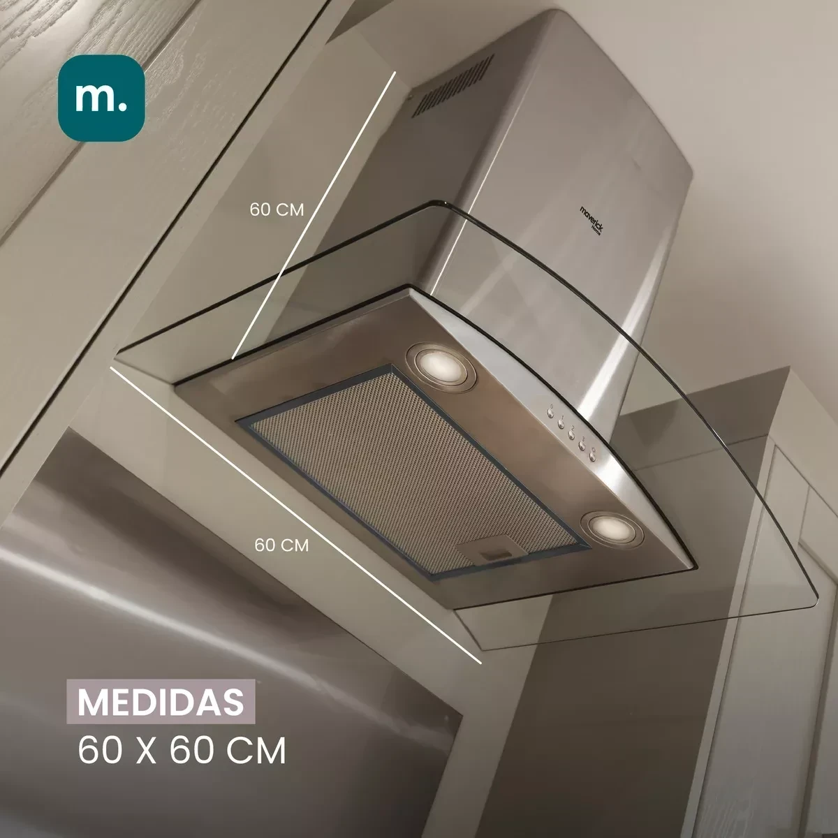 Campana Extractor Purificador de Cocina Premium Vidrio y Acero Inoxidable 60cm Maverick 2
