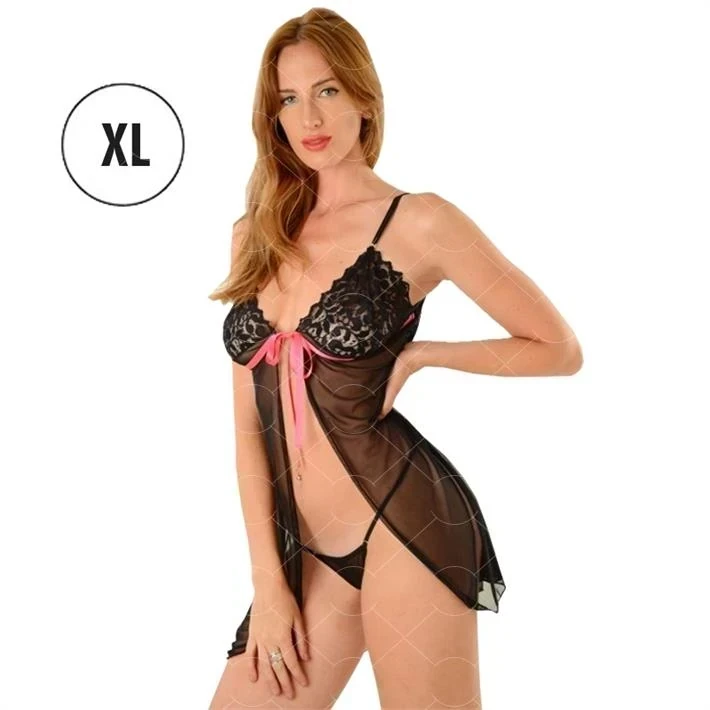 Camisón negro con puntilla y tul 
