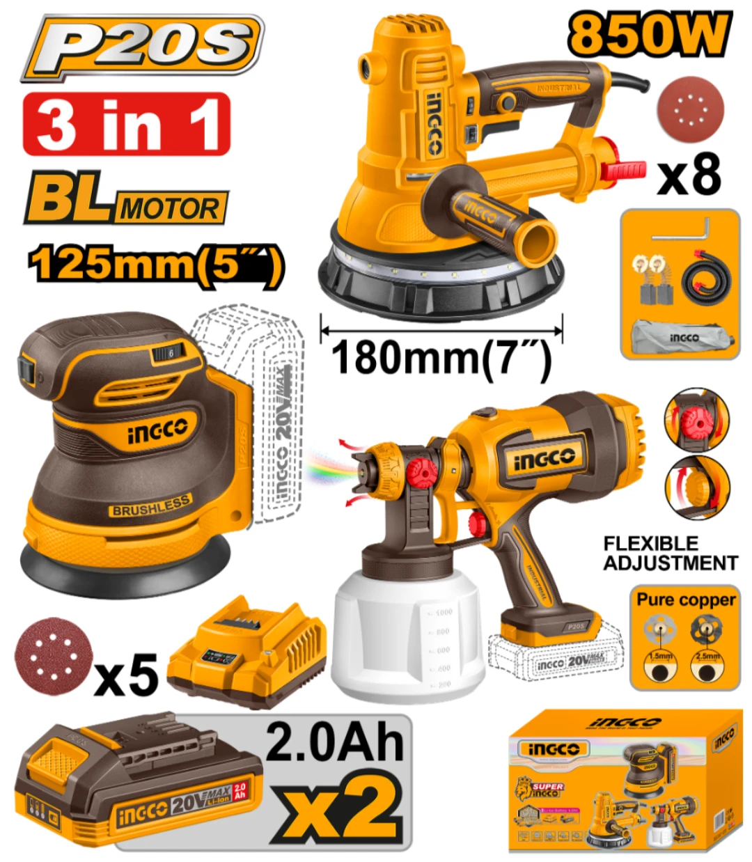 KIT A BATERIA P20S 20V LIJADORA DE YESO 850W 180MM 7" + LIJADORA ROTO ORBITAL 125MM 7" + PISTOLA DE PINTAR + 2 BAT, CARG