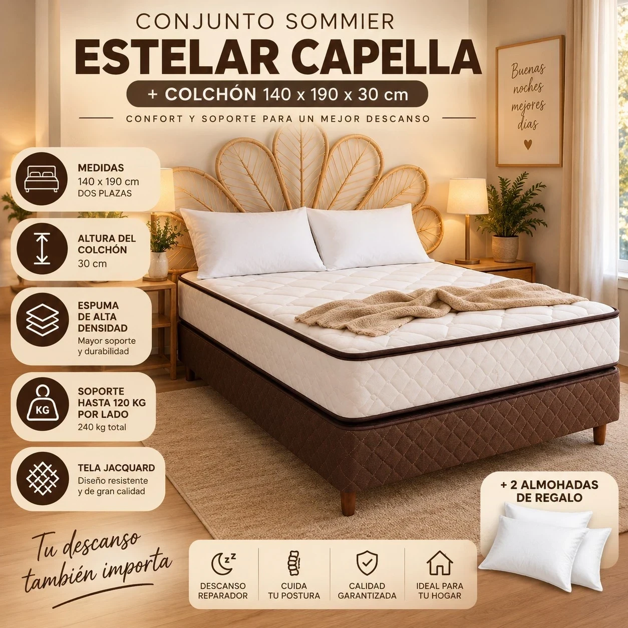 CONJUNTO SOMMIER ESTELAR CAPELLA + COLCHÓN — DOS PLAZAS 140 × 190 × 30 cm | ESPUMA DE ALTA DENSIDAD CONSULTAR DISPONIBILIDAD CON EL VENDEDOR