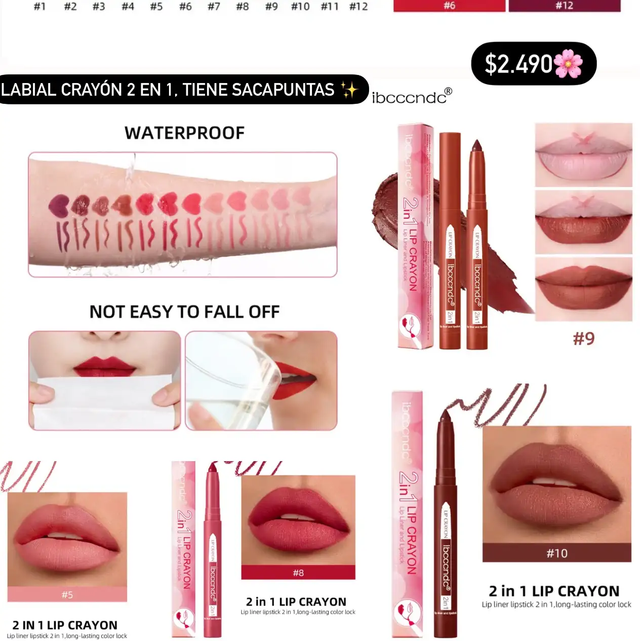 Lapiz labial 2 en 1 Formato Crayón, Resistente al Agua 2