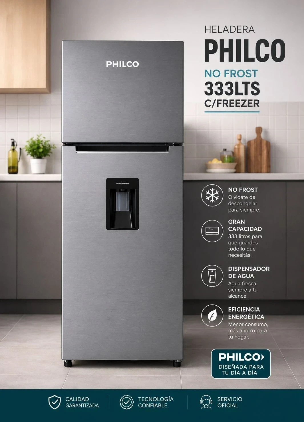 HELADERA CON FREEZER NO FROST PHILCO 333LTS  GRIS 