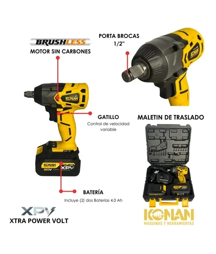 Llave Pistola de Impacto a Batería 1/2″ 420Nm Motor Brushless + 2 Baterías 4.0Ah + Cargador + Maletín Konan KLI0220BV 3