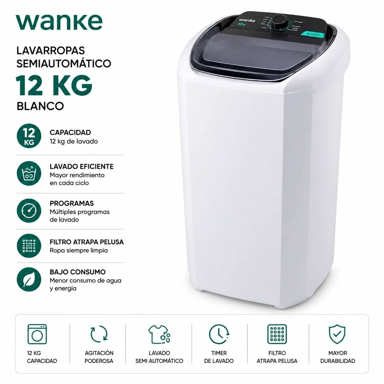 Lavarropas Semiautomático Comfort 12 Kg Wanke Lwbe120t3earw Blanco 2