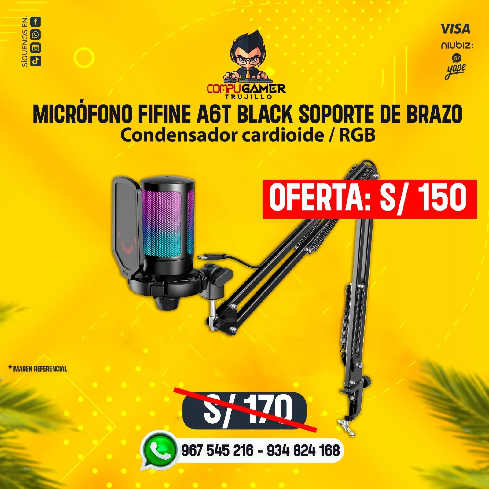MICRÓFONO FIFINE A6T RGB CON BRAZO BLACK 