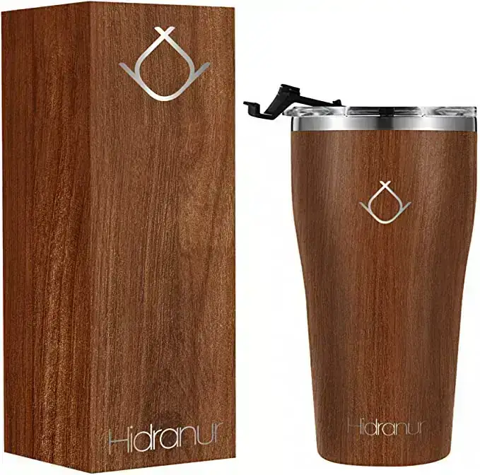 Hidranur Termo de Acero Inoxidable con Doble Aislamiento Térmico 30 Oz (887.206 ml), Termo para Café con Tapa Hermética Antifugas, Popote Incluido, 24 Horas de Agua Caliente y Fría (Madera, 30 Oz (887.206 ml))