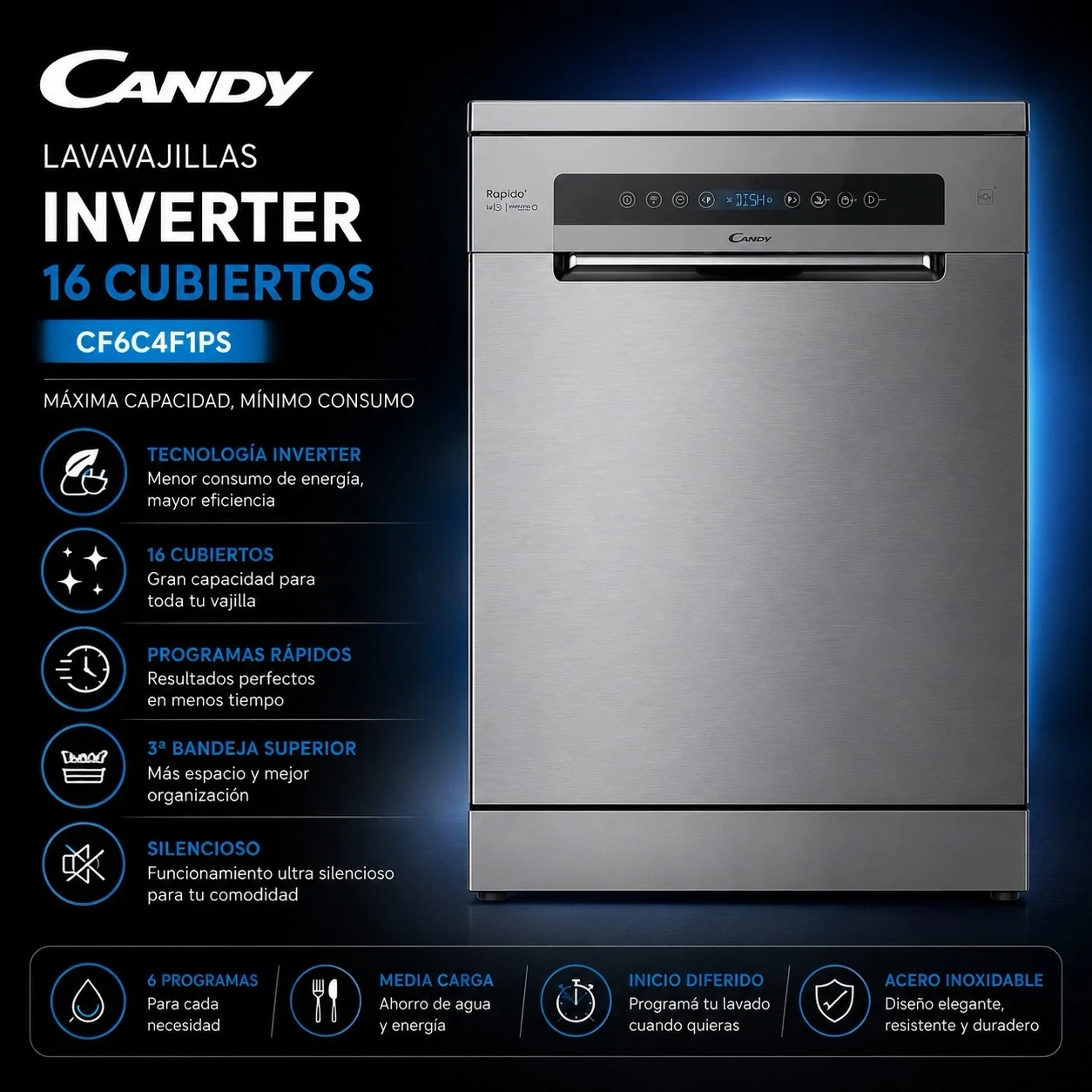 Lavavajillas Candy 16 Cubiertos Rápido Cf6c4f1ps Inverter Wifi Color Inoxidable