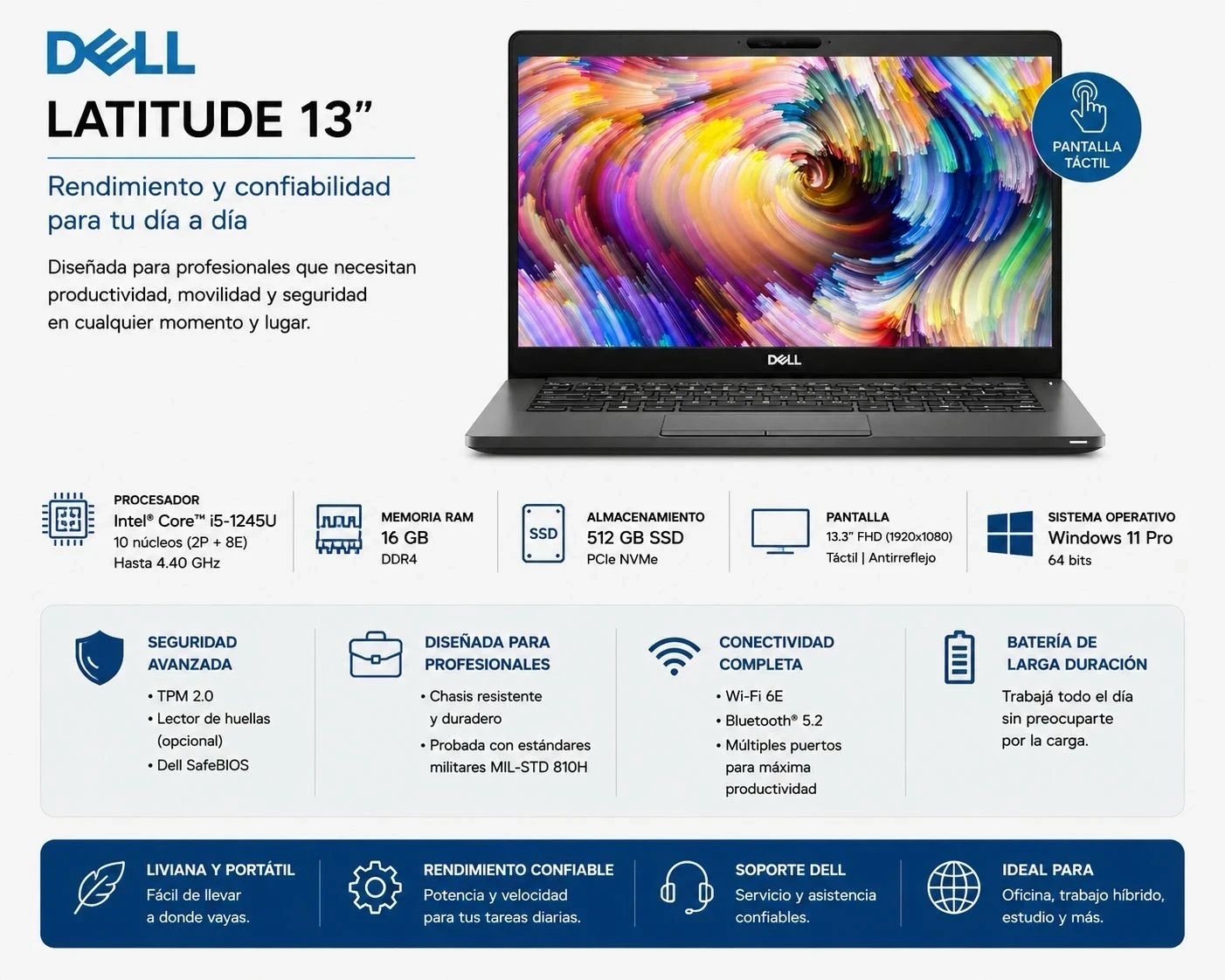 Notebook Dell Latitude 13.3" (Intel Core I5-1245u | 16Gb Ram | 512Gb Ssd | Pantalla Tactil | Windows 11 Pro