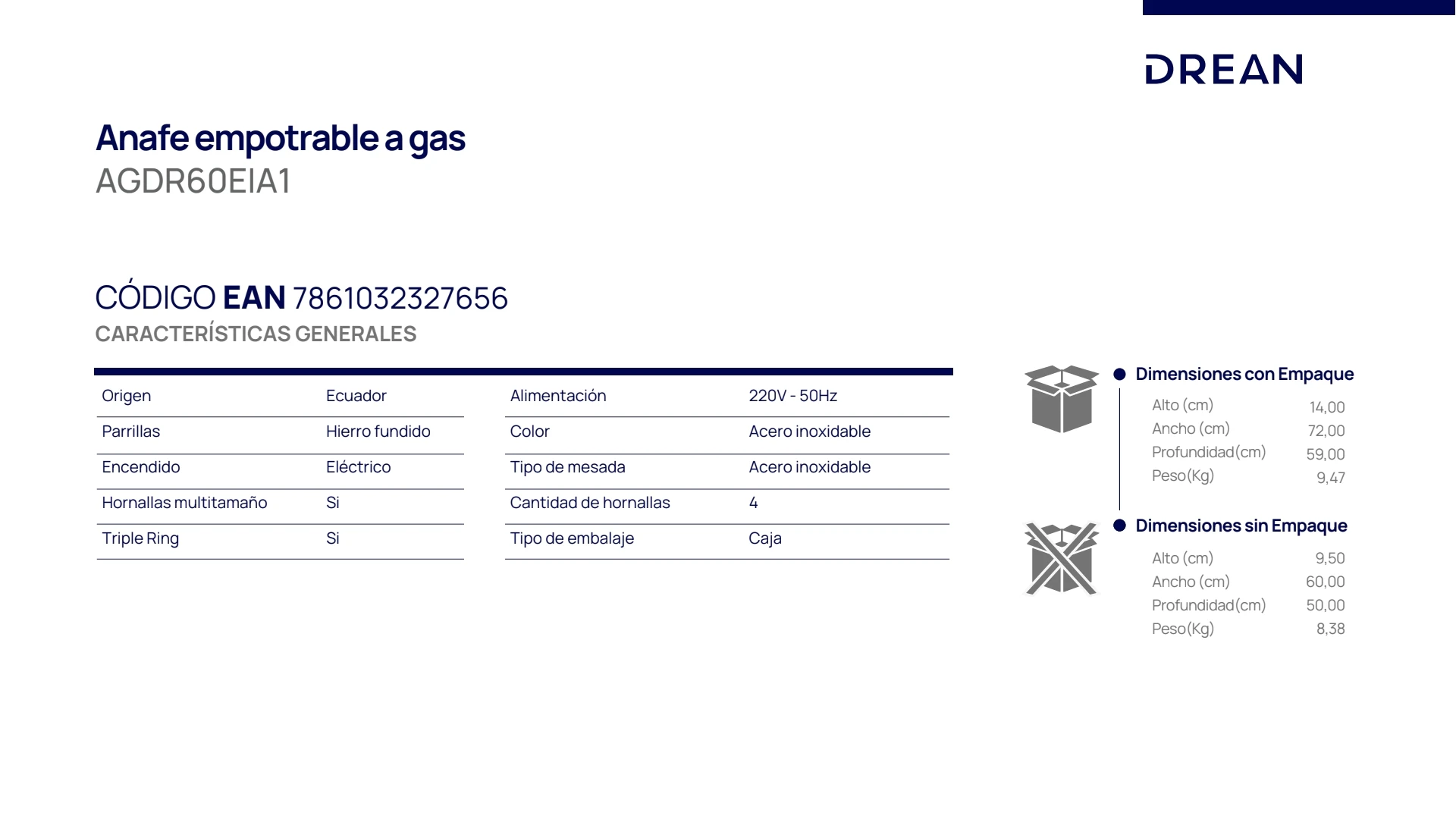 ANAFE DREAN A GAS INOXIDABLE 4 HORNALLAS  3