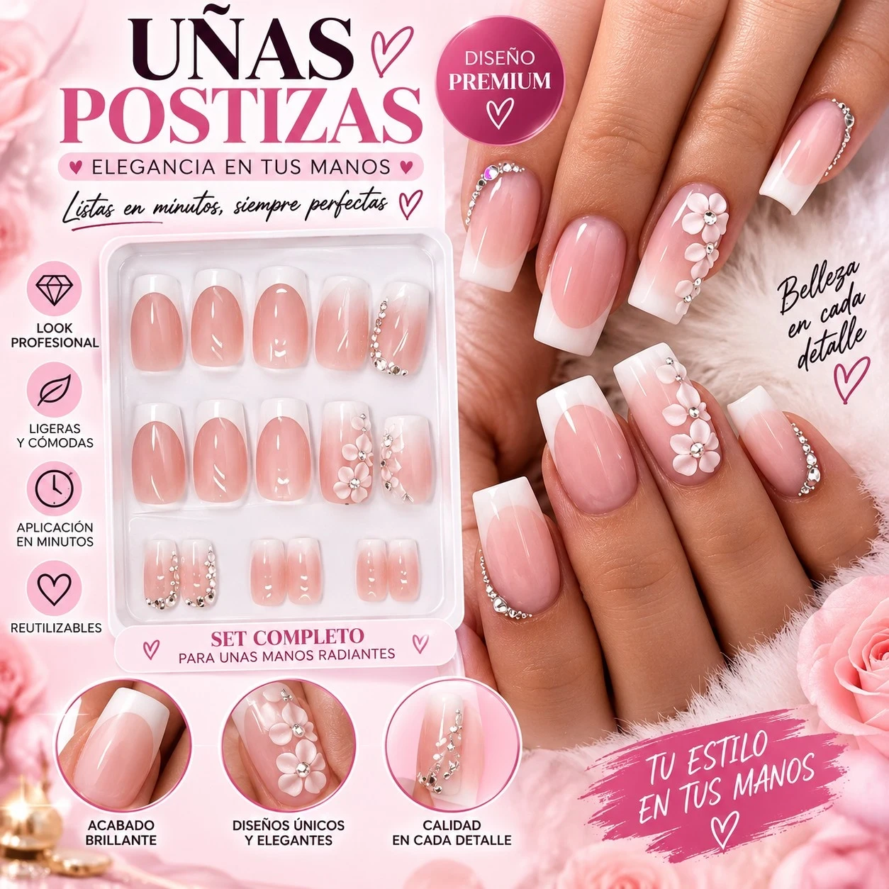 lumera caja de uñas press on con diseño de taladros 