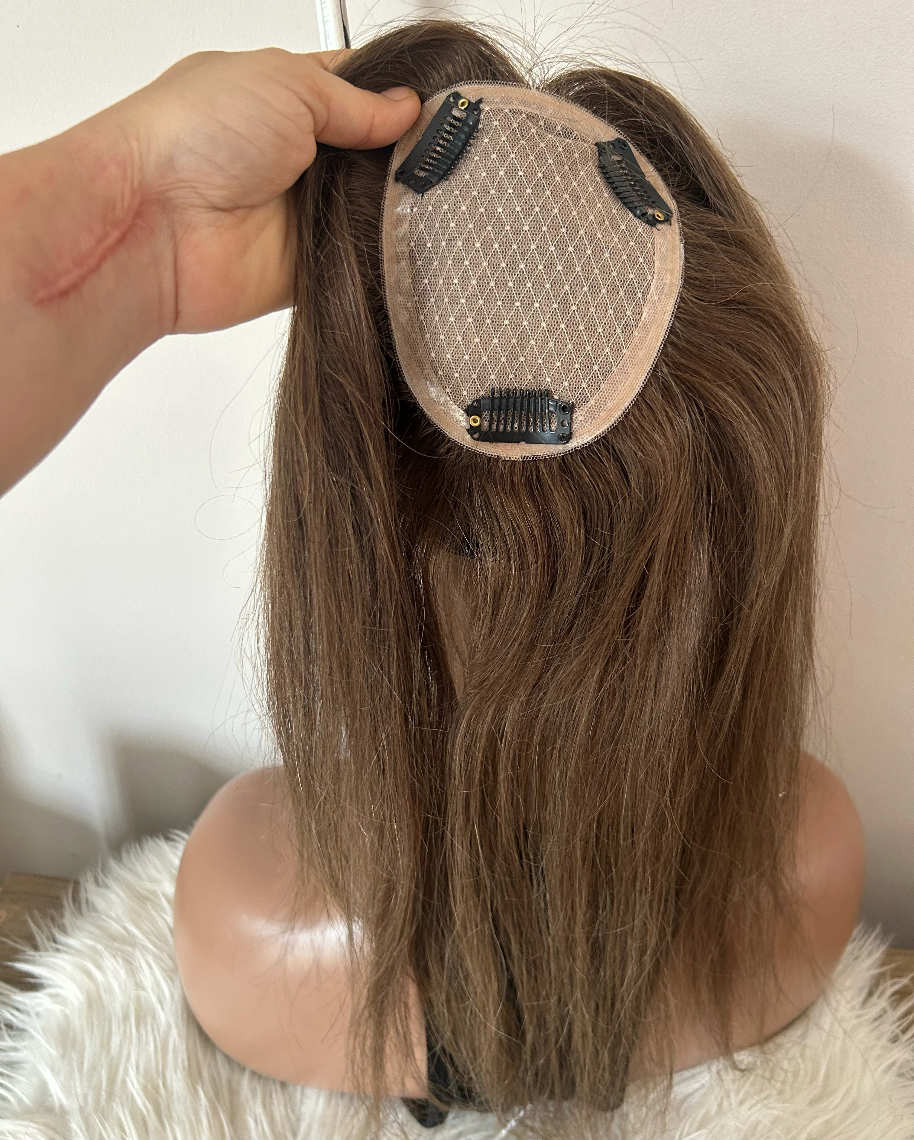 Topper de cabello humano , base de seda de 3.5 x 4.7 in, sin flequillo, densidad del 150%, pieza de cabello 100% Remy para cabello fino, marrón oscuro, 14 pulgadas 4