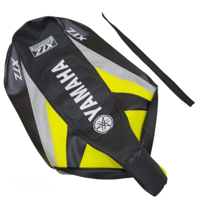 TP XTZ 125 Forro Tapizado triangulos negro / amarillo limon / gris / negro letrero en medio DW