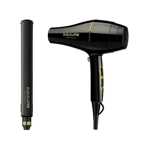 Combo BABYLISS PRO  NANO Titanium gold PLANCHITA +SECADOR 