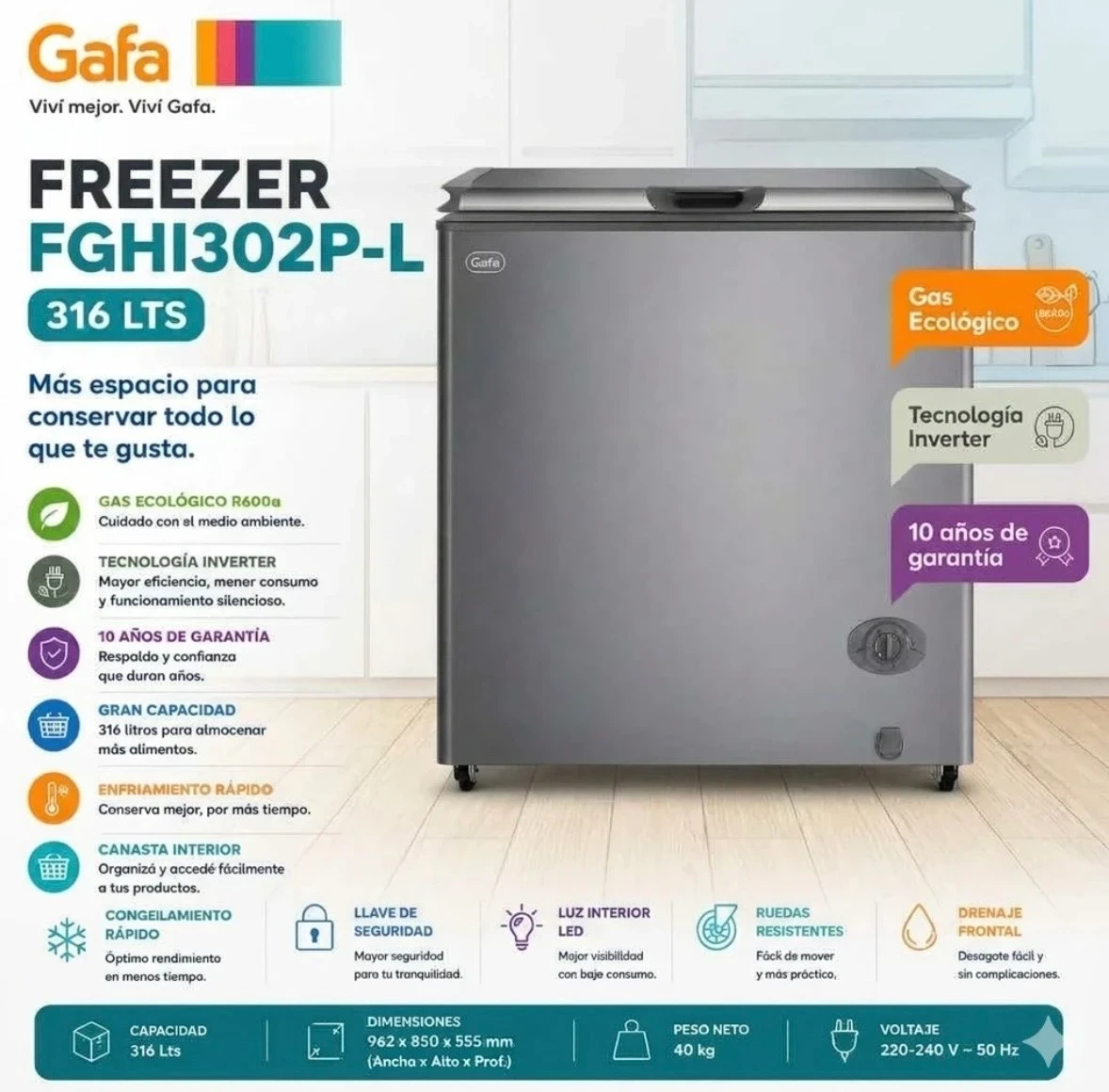 FREEZER GAFA HORIZONATAL INVERTER PLATA 316L 