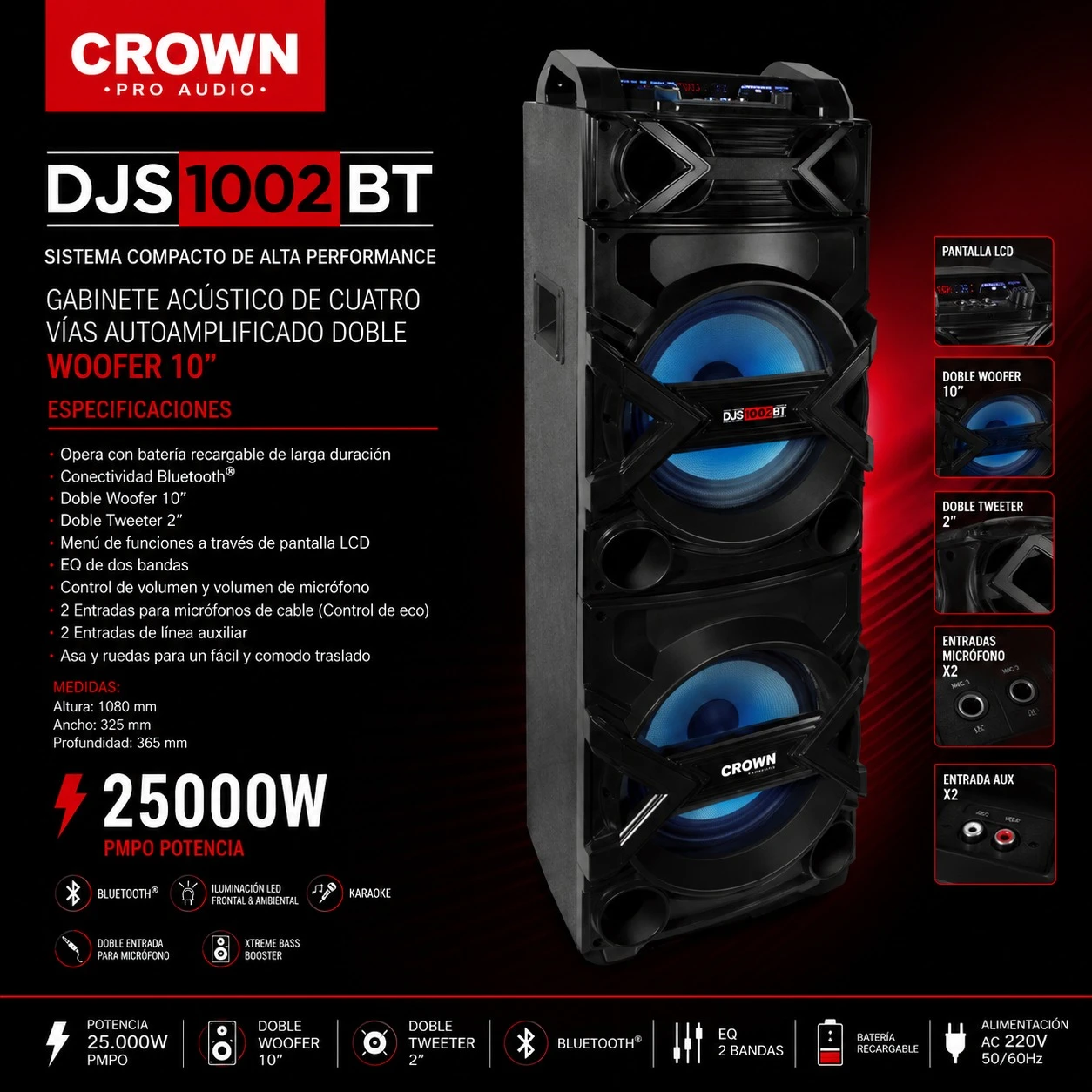 PARLANTE TORRE CROWN MUSTANG DJS1002BT DOBLE WOOFER 2X10" 25.000 PMPO
