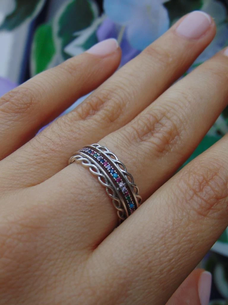 ANILLO PLATA LEY 925 GRUESO LINEA CIRCONES COLORES TEJIDO TALLA 8