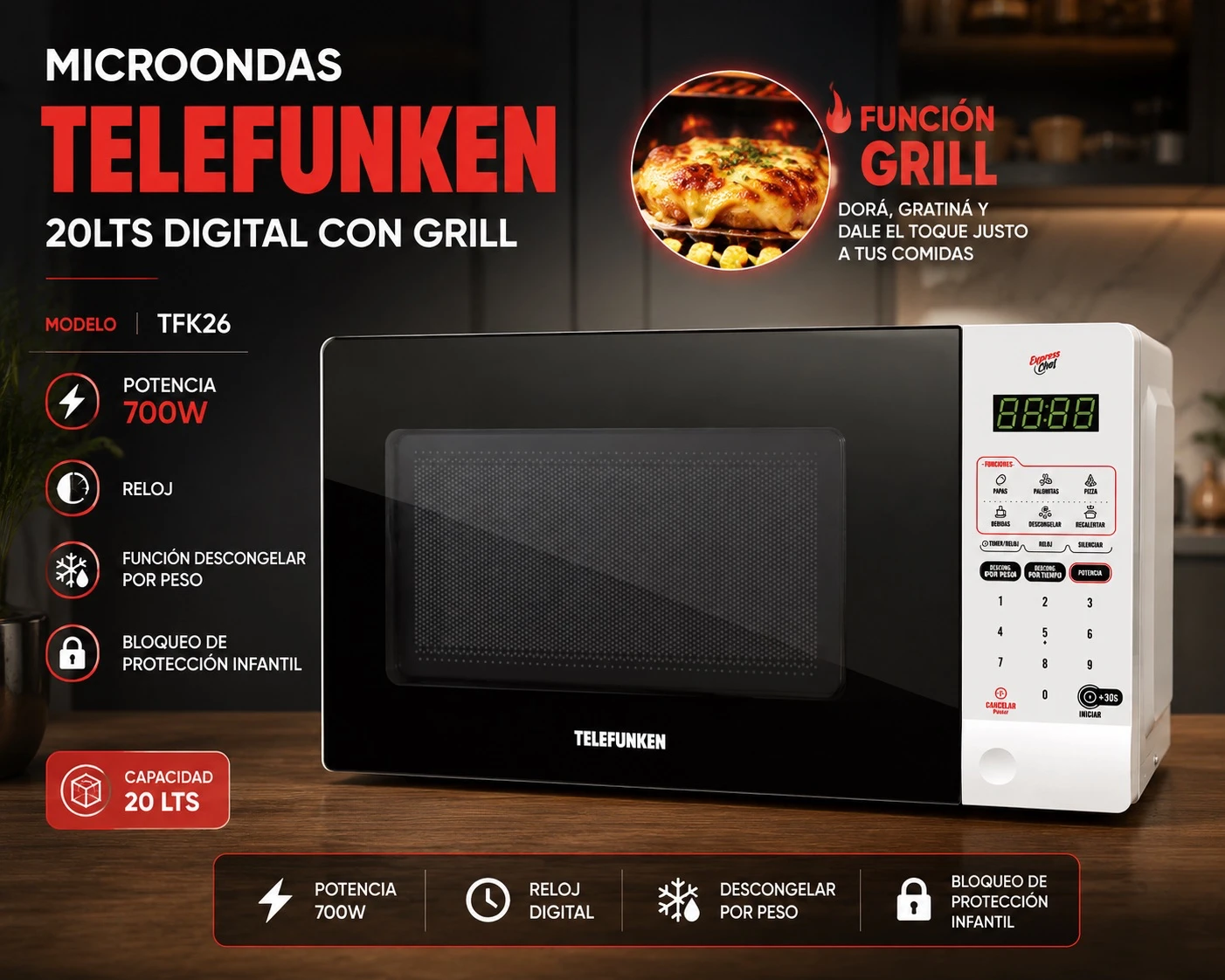 MICROONDAS TELEFUNKEN DIGITAL CON GRILL 20LTS 